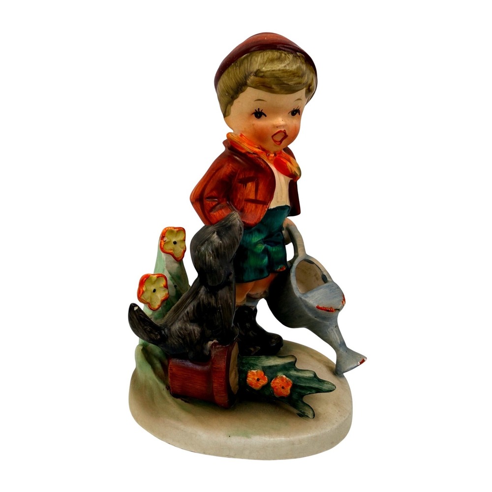 Vintage Boy with Watering Can and Dog Figurine 7961 Hand Painted 5.25"